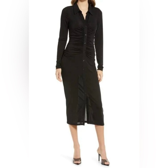 NWT Good American Shimmer Polo Long Sleeve Maxi Dress in Black001 Size 5 - Picture 1 of 8